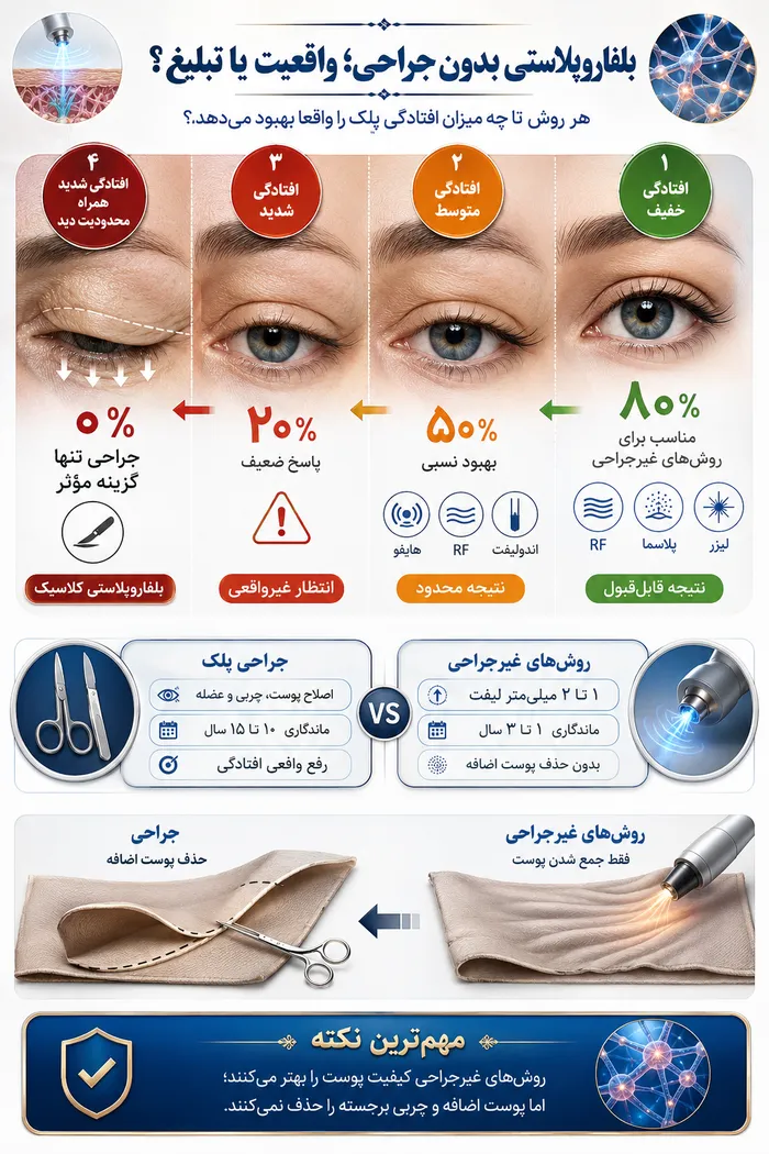 هر روش بلفاروپلاستی تا چه میزان افتادگی را درمان میکند؟